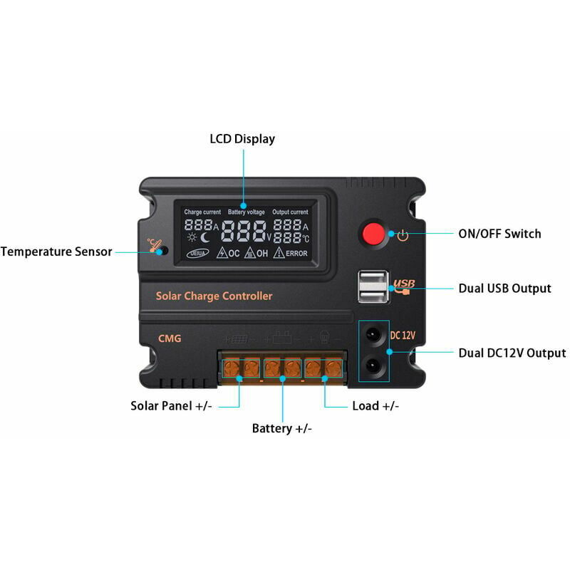 Contrôleur de Charge Solaire lcd 10A 12V 24V - Régulateur de Batterie avec Protection Contre les Surcharges et Compensation de Température (Modèle