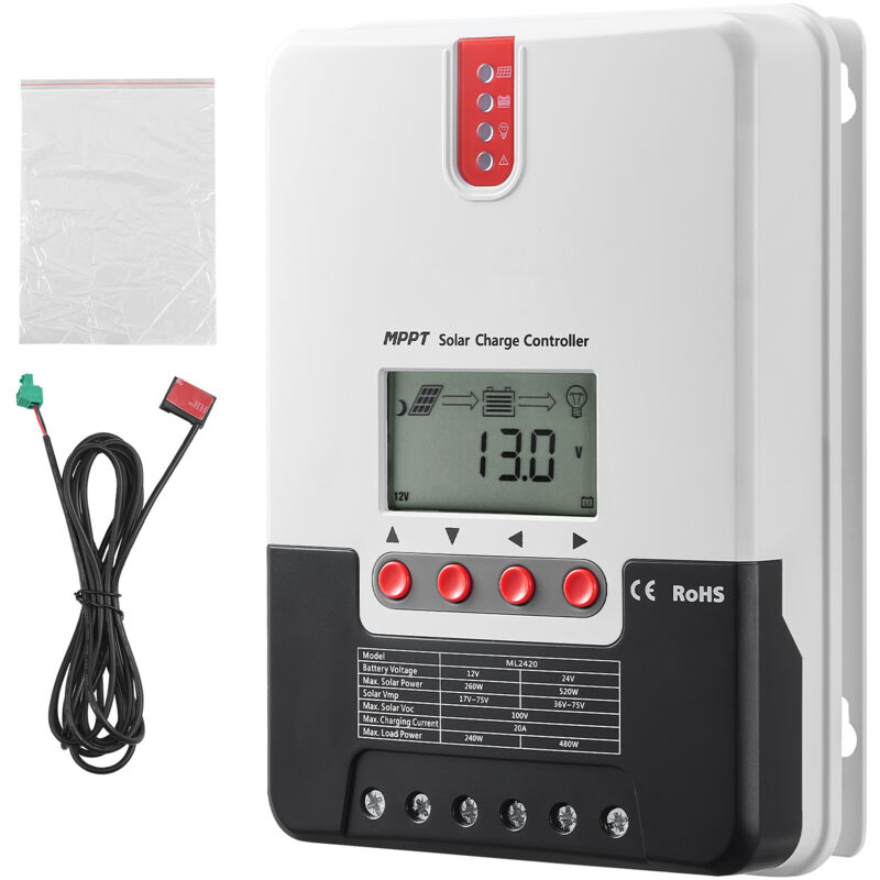 Mophorn - Contrôleur de charge solaire 20A mppt Régulateur de panneau solaire à entrée cc automatique 12V/24V avec écran lcd et câble de capteur de