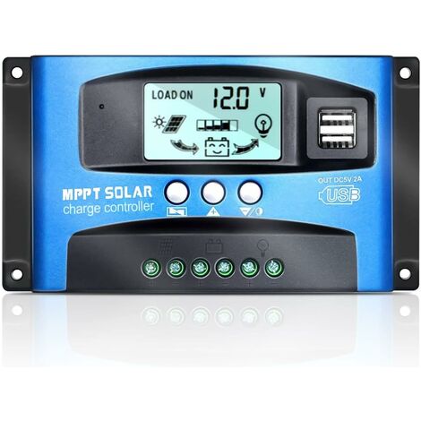 Contrôleur de charge solaire MPPT 30 A, 12 V/24 V, avec régulateur de panneau solaire de surveillance de mise au point automatique avec écran LCD, double ports USB 2,5 A