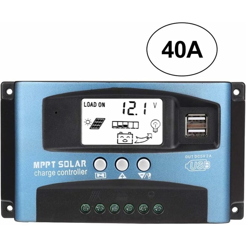 Contrôleur de charge solaire mppt 40A, régulateur de batterie intelligent de contrôleur de batterie de panneau solaire usb 12V 24V avec écran LCD(40A)