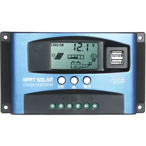 Contrôleur de charge solaire MPPT Contrôleur solaire double USB Écran LCD intelligent Suivi MPPT 5 V/2 A Double sortie USB 12 V/24 V Identification automatique, 30 A