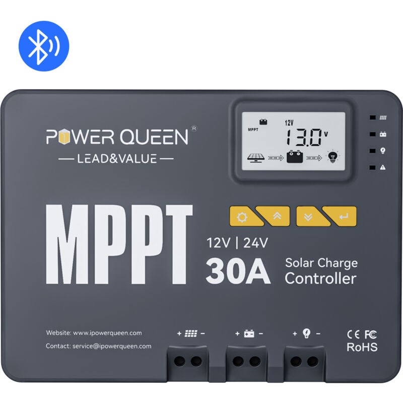 Contrôleur de Charge Solaire 12/24V 30A Bluetooth MPPT Smart Power Queen avec LCD - Pour Batteries LiFePO4, Scellées, Gel, Plomb-Acide et à