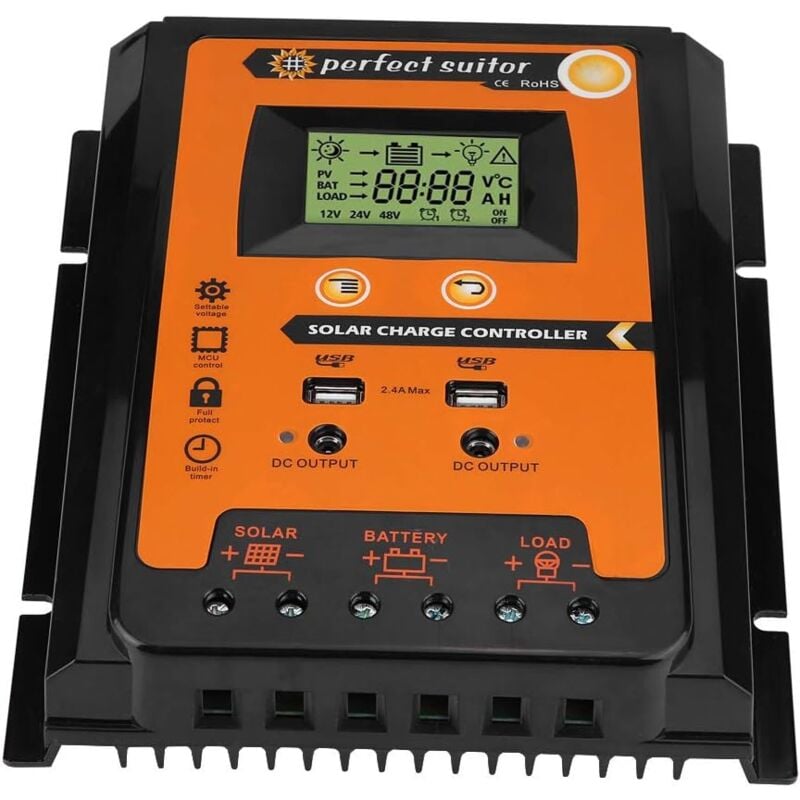 Contrôleur de Charge Solaire MPPT Régulateur Panneau de Charge Solaire avec Ecran LCD avec Double USB Panneau Solaire Batterie 12V / 24V Affichage