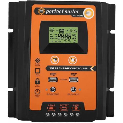 Contrôleur de charge solaire Panneau solaire Régulateur de batterie Double écran LCD USB 12V/24V 50A MPPT(50A)