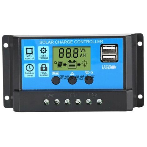 Contrôleur de chargeur solaire 60A/50A/40A/30A/20A/10A 12V 24V contrôleur PWM automatique affichage LCD 5V contrôleur de sortie USB double 1 pièces (10A)