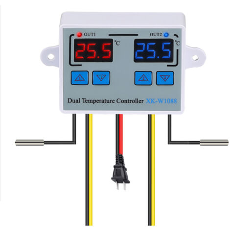 Contrôleur de température numérique double 12 V, thermostat LED Celsius avec sondes étanches pour chauffage, refroidissement et aquarium.