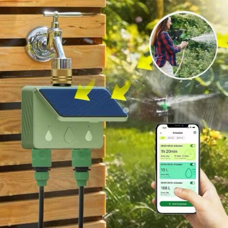 Contrôleur d'irrigation solaire — Minuteur d'arrosage WiFi double zone pour systèmes d'arrosage automatique extérieurs