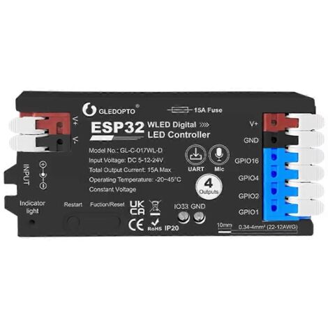 Contrôleur ESP32 WLED avec 4 sorties, fusible, microphone et éclairage noir
