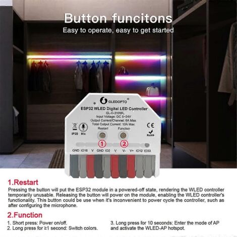 Contrôleur LED WLED ESP32 avec micro et modes dynamiques musicaux DIY
