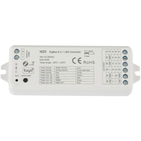 Contrôleur LED Zigbee Wz5 Tuya, variateur 5 en 1 DC12V/24V, compatible avec les bandes LED RGB, RGBWW et RGBCCT.