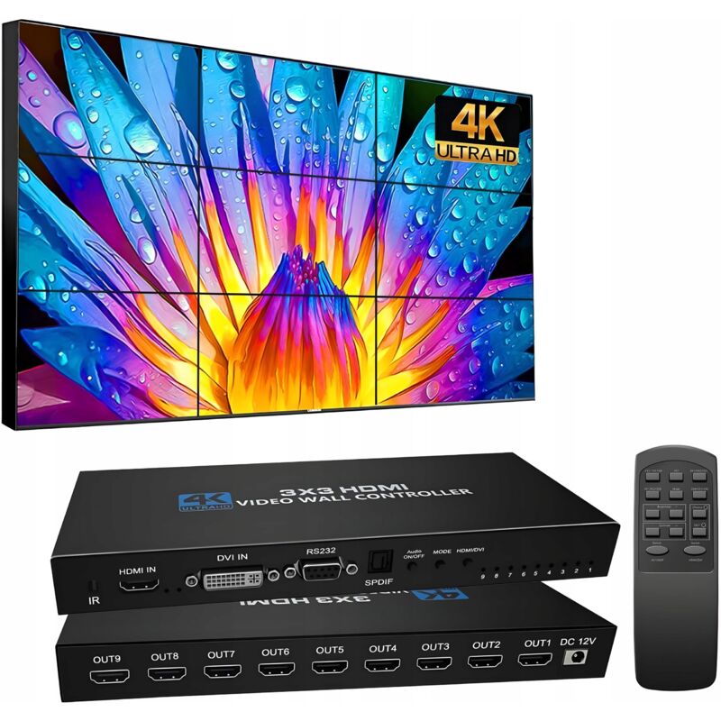 Contrôleur mural vidéo HDMI 3x3 splitter matrix 9 écrans – Résolution 4K Ultra HD – 9 ports HDMI – Télécommande ergonomique incluse