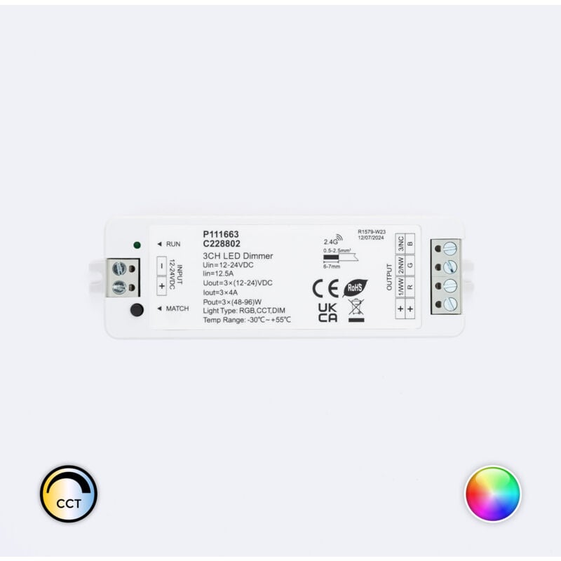 Contrôleur Variateur led de dernière génération 12/24V dc pour Ruban led Monochrome/CCT/RGB, compatible avec Télécommande rf Monochrome/CCT/RGB