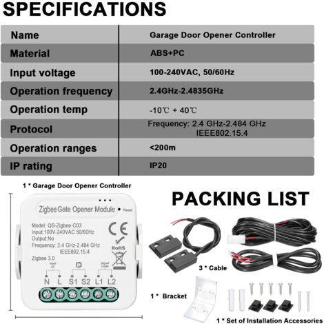Contrôleur ZigBee Tuya pour Porte de Garage Intelligent - Module d'Ouverture de Portail avec Contrôle APP à Distance et Compatible Alexa Home pour Commande Vocale