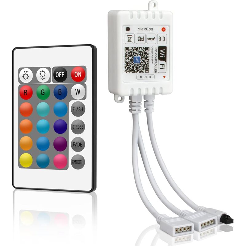 Image of Controller LED RGB WiFi 12V-24V, Controller MINI LED con telecomando IR a 24 pulsanti per striscia LED 5050 3528 compatibile con Alexa, Assistente