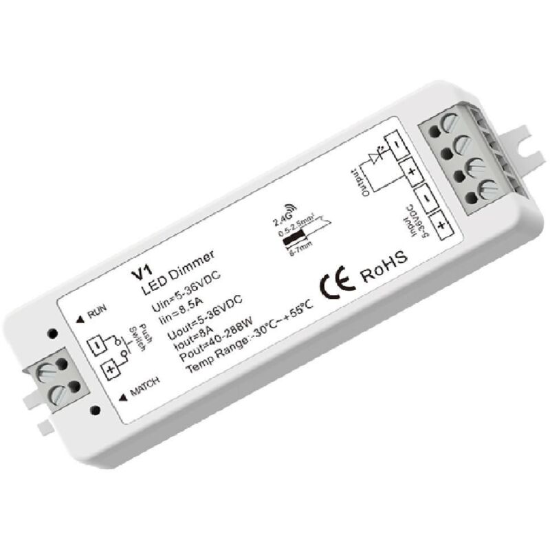 Image of Controller Regolatore Striscia LED Monocolore 5/12/24/36V DC compatibile con Telecomando RF e Pulsante Bianco