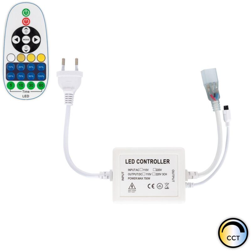 Image of Ledkia - Controller Striscia led cct 220V ac 220 LED/m IP67 Larghezza 15mm Taglio ad ogni 100 cm con Telecomando ir 23 Pulsanti