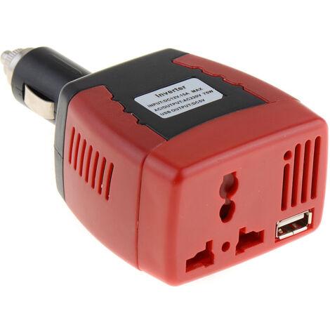Convertidor de corriente para coche • Convierte CC a CA de 220 V • Potencia máxima: 100 W, potencia continua: 75 W • Puerto USB integrado • Protección contra cortocircuitos