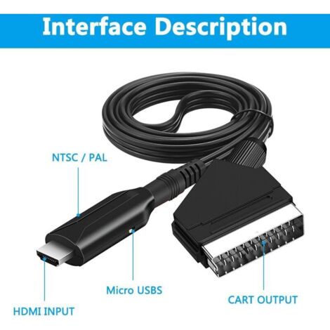 Convertidor Scart a HDMI, Cable Scart HDMI, Adaptador Scart a HDMI, Scart a HDMI con conector Scart y conector HDMI, para TV, Monitor, Proyector STB, VHS, Xbox, PS3