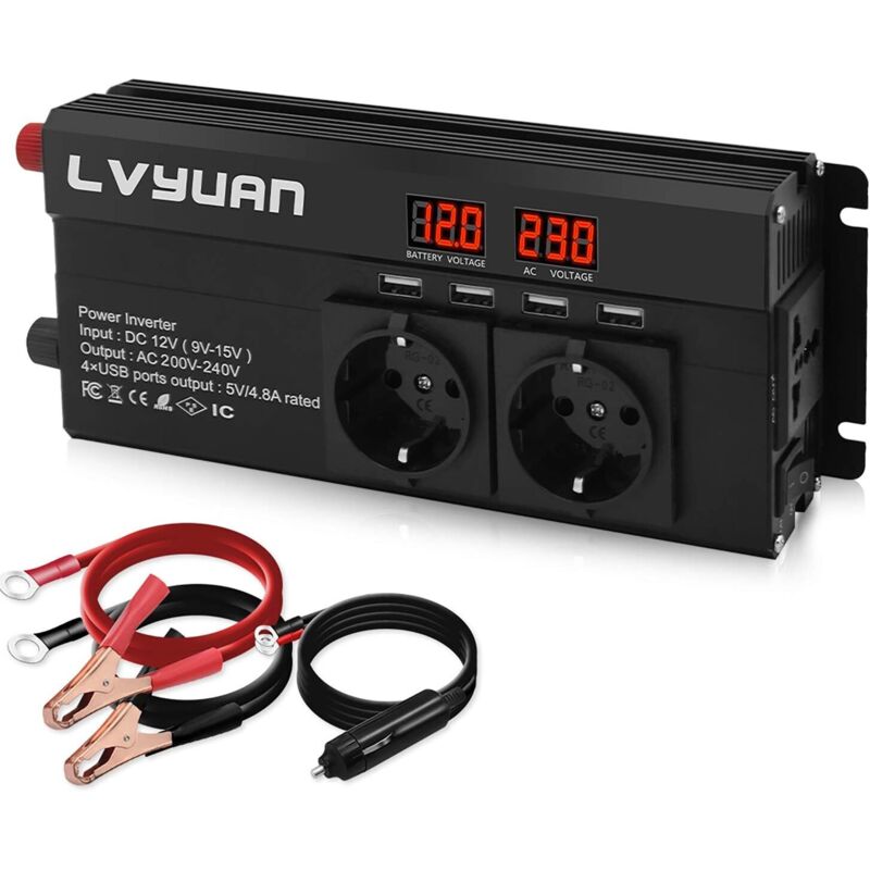 Convertisseur 12v 220v 1600W DC à AC convertisseur de Puissance Voiture onduleur Transformateur avec 4 Ports USB, 2 Prises EU