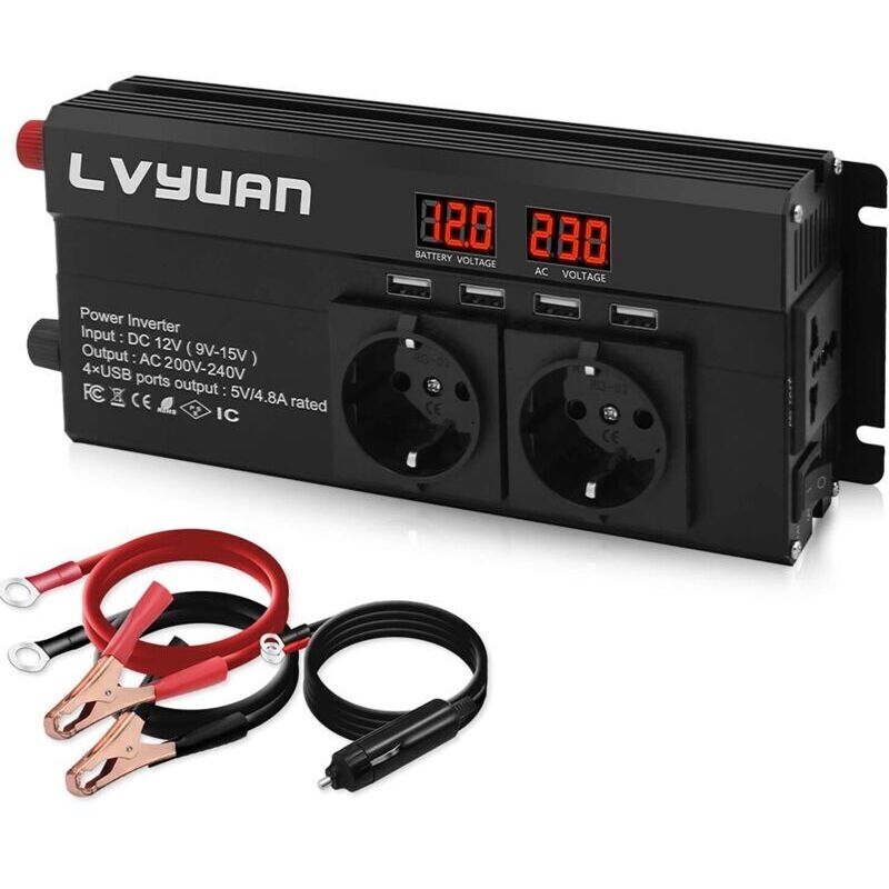 Convertisseur 12v 220v 1600W DC à AC convertisseur de Puissance Voiture onduleur Transformateur avec 4 Ports USB, 2 Prises EU