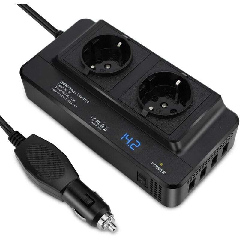 Convertisseur 12V 220V 200W pour Voiture avec 4 USB et 2 Prises EU Ortviai
