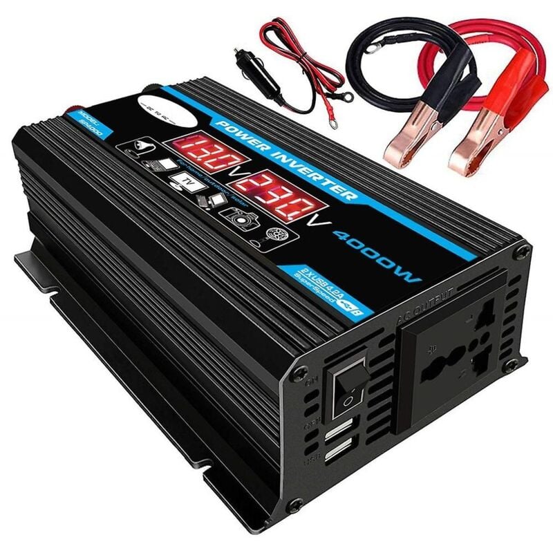 Convertisseur 12V 220V Pur Sinus 4000W Onduleur à Onde Sinusoïdale Pure Transformateur avec Télécommande & Double ac Prises de Courant pour rv