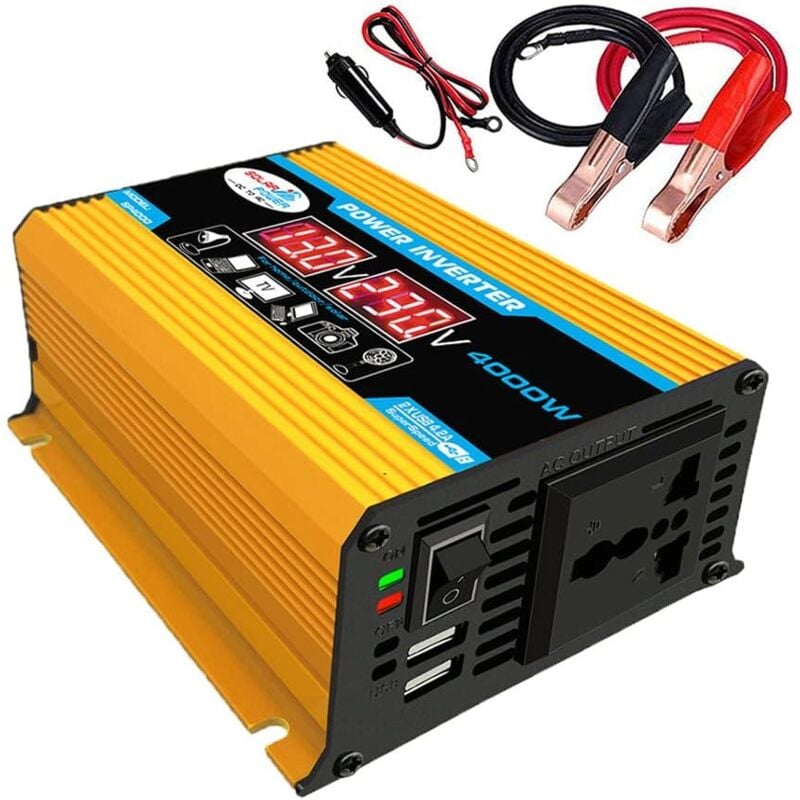 Sjqka - Convertisseur 12V 220V Pur Sinus 4000W Portable convertisseur de voiture solaire Efficacité de conversion ultra élev - jaune