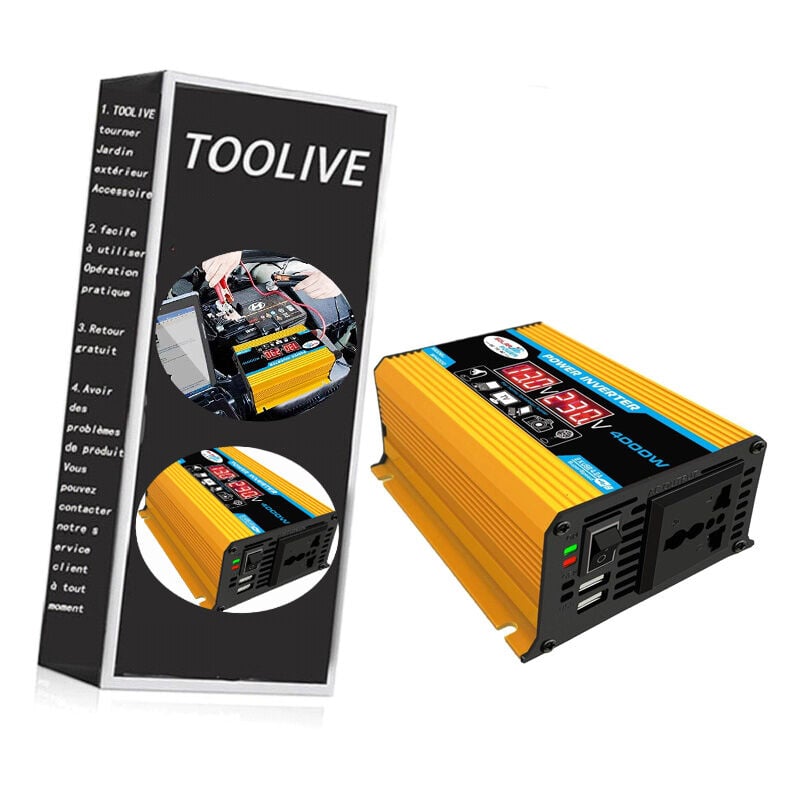 Toolive - Convertisseur 12v 220v,Convertisseur Pur Sinus 4000W onduleur de voiture Convertisseur dc 12V 220V / 110V avec affichage double tension