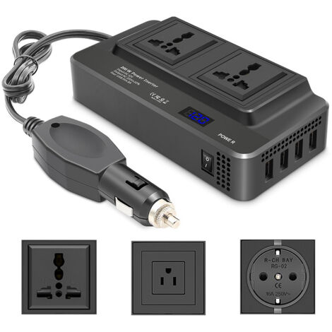 Convertisseur 12V vers 110V/220V - 4 Ports USB + 2 Prises - Chargeur Voiture pour Téléphone, Ordinateur (Temp. -20°C à 60°C)