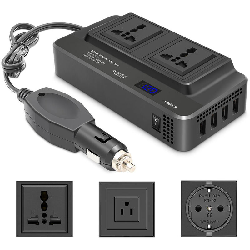 Convertisseur 12V vers 110V/220V - 4 Ports usb + 2 Prises - Chargeur Voiture pour Téléphone, Ordinateur (Temp. -20°C à 60°C)