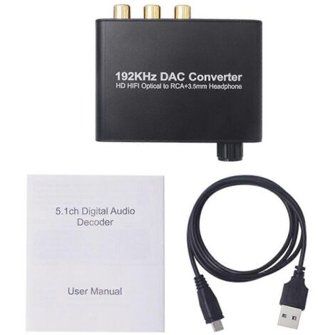 Convertisseur audio numérique-analogique Hi-Fi optique 192 kHz vers RCA R/L + prise jack 3,5 mm