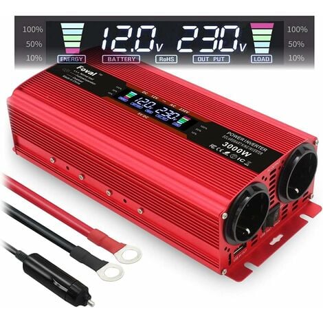 Convertisseur de tension 12 V 230 V 1500 W 3000 W Peak Onduleur LCD Convertisseur de courant avec 2 prises USB – Rouge