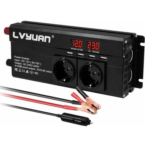 Convertisseur de tension 12V 220V 1500W – 2 prises AC et 4 ports USB – Affichage LED tension – Protection contre surchauffe