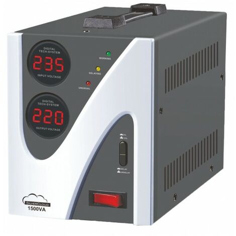 Stabilisateur de tension 1500VA 900W 6.8A – Protection courts-circuits – Circuit retard de signal pour réfrigération – Compact et sécurisé – ME