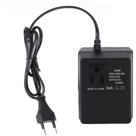 Convertisseur de tension 200W Noir Adaptateur électrique voyageur 90mm x 63mm x 55mm 220V à 110V AC Chargeur portable compact poids 654g plastique