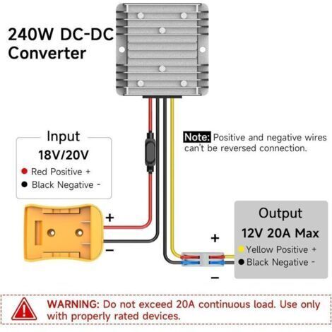 Convertisseur de tension abaisseur 20 V à 12 V - Compatible avec la batterie DeWalt 20 V, l'adaptateur de batterie Power Wheel, le régulateur de tension abaisseur 12 V CC avec fusible 30 A et borne.
