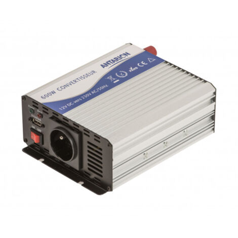 Convertisseur de tension quasi sinus 600W 12V/230V – Port USB 5V 1A – Protection contre surchauffe et court-circuit – Pinces fournies – Antarion