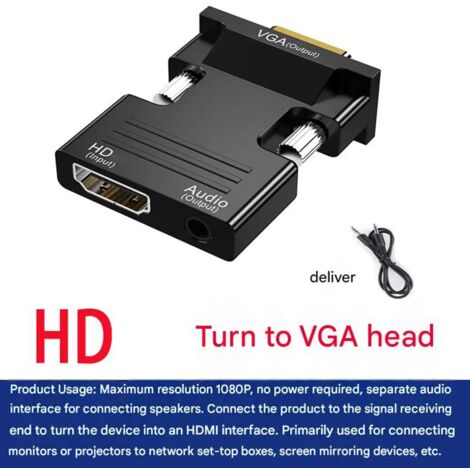 Convertisseur HDMI vers VGA 1 Pièce avec Audio – Adaptateur Vidéo Plaqué Or pour TV, Moniteur, PC, Ordinateur Portable, Décodeur Réseau, Compatible Haute Résolution, Noir