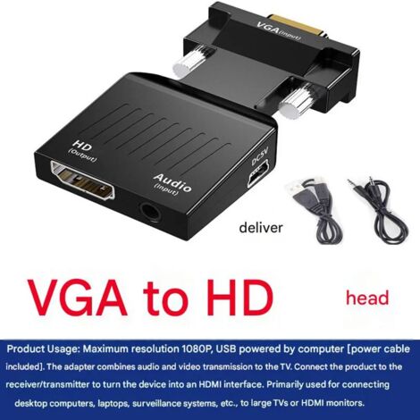 Convertisseur HDMI vers VGA Alimenté 1 Pièce avec Audio – Adaptateur Vidéo Plaqué Or pour TV, Moniteur, PC, Ordinateur Portable, Décodeur Réseau Haute Résolution, Noir