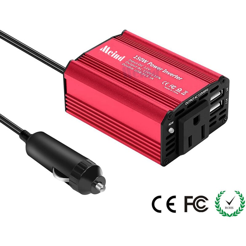 Convertisseur Onduleur Métal 150W 12V 220V à 240V Chargeur Allume-Cigare Transformateur de Courant avec 1 Prise Prise européenne et 2 Ports usb pour
