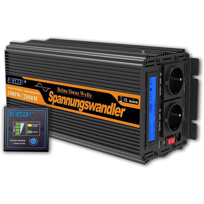 Edecoa - Convertisseur pur sinus 12 v 220 v Onduleur 1000 w Écran lcd Transformateur de tension 12 v 220 v avec télécommande et deux ports usb