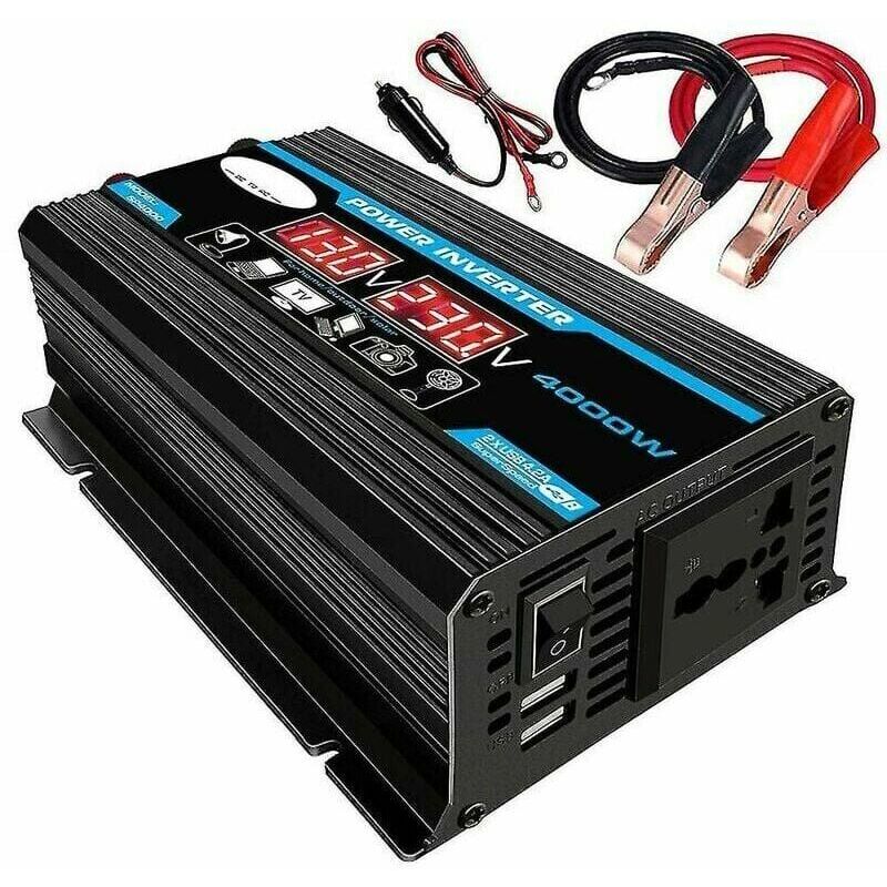 KZQ - 4000W Convertisseur 12V 220V Pur Sinus Onduleur transformateur avec Télécommande sans Fil Écran led 2 Prises EU&1 Port usb Puissance de