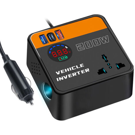 Convertisseur Voiture 200W 12V 220V Convertisseur de Tension Camion avec Type-C & Port USB, Onduleur Transformateur avec Allume Cigare Prise Electrique pour Voiture, Caravane, Camping