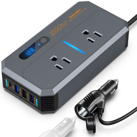 Convertitore di alimentazione per auto da 200 W CC 12 V 24 V a 110 V CA per doppie porte USB con adattatore per caricabatteria da auto PD da 30 W USB-C e QC3.0