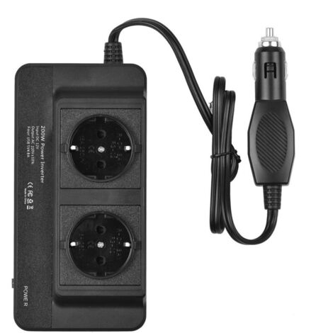 Convertitore di potenza da 12V a 220V 200W con spina accendisigari, 4 porte USB e 2 prese europee, caricabatterie per auto/camper con protezioni multiple e avvio graduale.