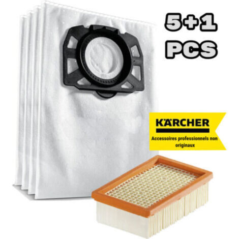 Convient pour Kärcher WD 4, WD 5, WD 6, WD 4290 / 5200 M / 5300 M / 5600 MP Sac filtre à peluches + filtre plat plissé (pack de 5+1)