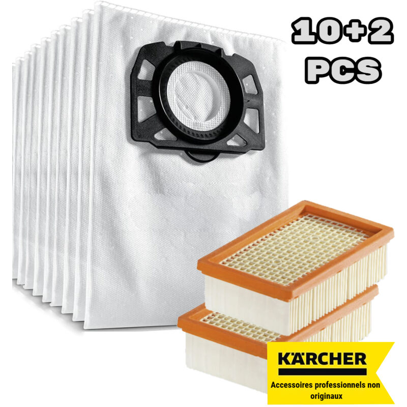 Sjqka - Convient pour Kärcher wd 4, wd 5, wd 6, wd 4290 / 5200 m / 5300 m / 5600 mp Sac filtre à peluches + filtre plat plissé (pack de 10+2)