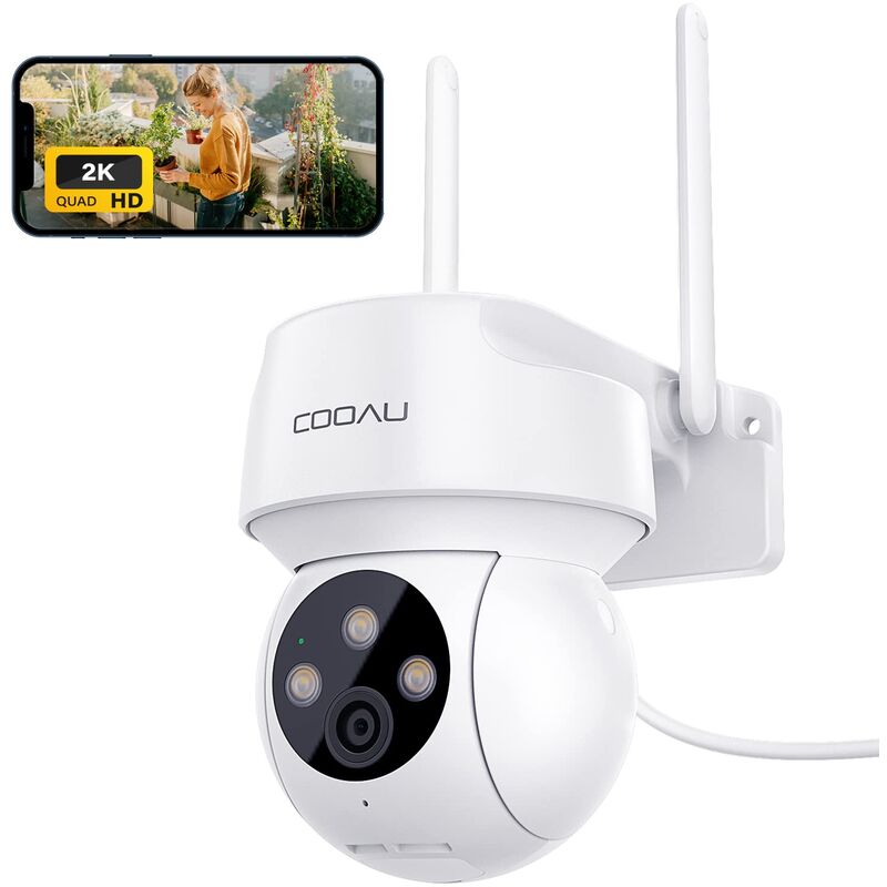 2K 3MP Caméra Surveillance WiFi Extérieure/Intérieure sans Fil, Vision Nocturne en Couleur Détection de l'IA/du Son/du Mouvement Alexa IP66 - white