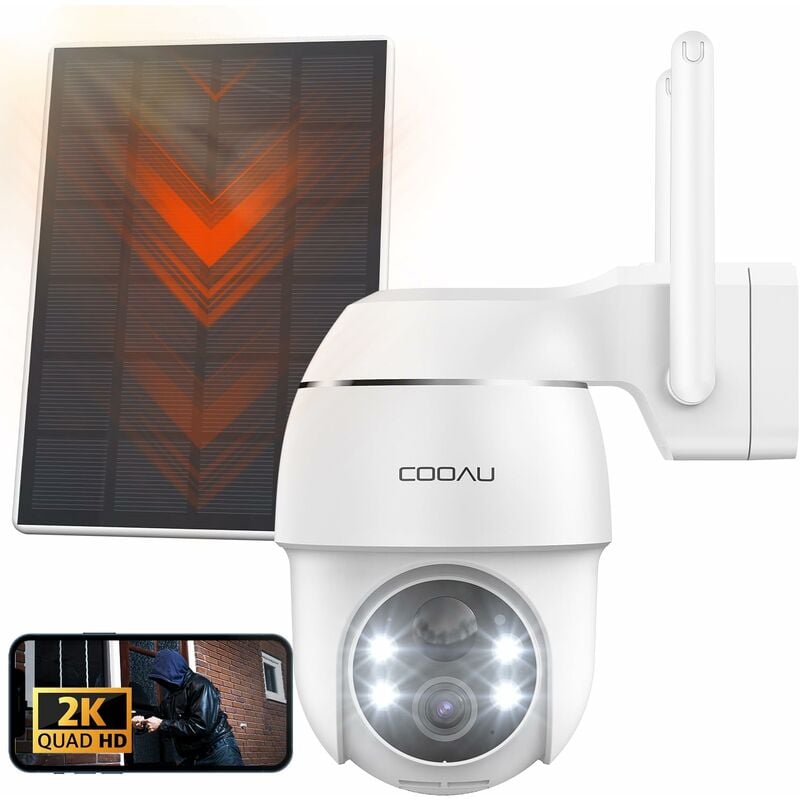 Cooau - 2K Camera Surveillance WiFi Exterieure sans Fil Solaire ptz Caméra ip Batterie Vision Nocturne en Couleur pir Détection - white