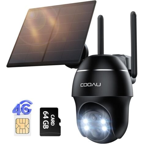 COOAU 4G LTE kabellose Außensicherheitskamera - 2K 3MP Solar-Kamera mit SIM-Karte (ohne WiFi) 360°-PTZ Bewegungsdetektion Farb-Nachtsicht 64GB lokaler Speicher & Cloud-Speicher IP66
